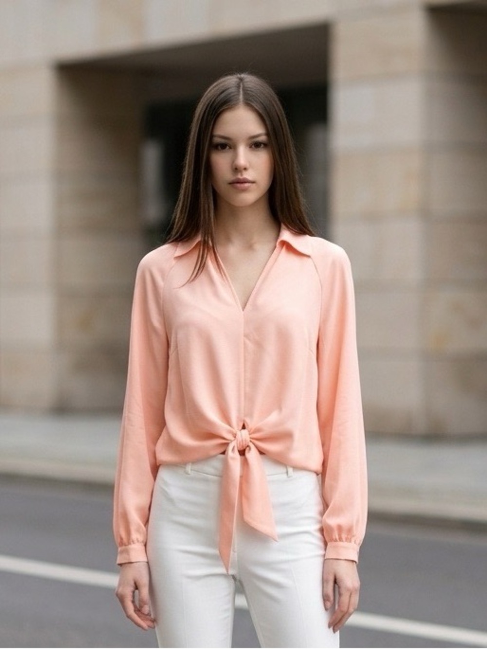 Halston Peach Tie-Front Long Sleeve Blouse